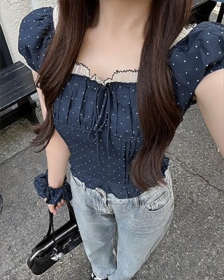 (Set) Polka Dot Puff Blouse and Scrunchie