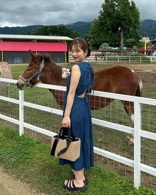 Back-slit denim long dress