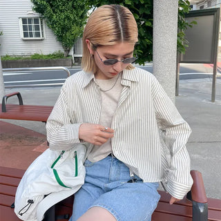 Striped long-sleeved cropped shirt
