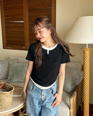 Layered Henley Neck T-Shirt
