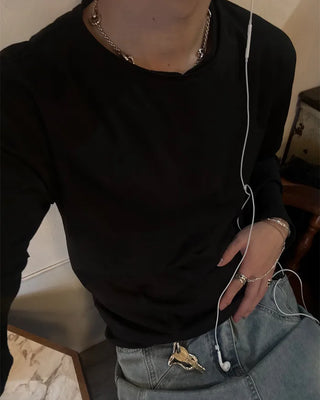 Henley neck long-sleeved T-shirt