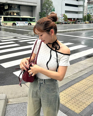 One-off shoulder two-tone half-sleeve T-shirt