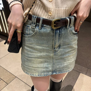 Belted denim mini skirt