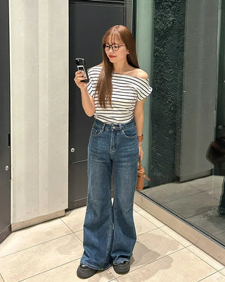 Asymmetrical Off-Shoulder Striped T-Shirt