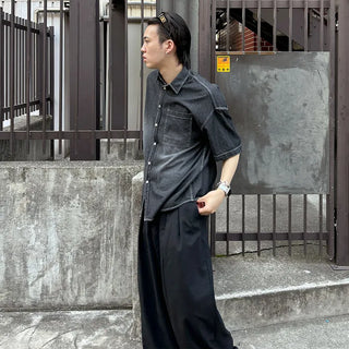 (Unisex) Washed Denim Short-Sleeve Shirt