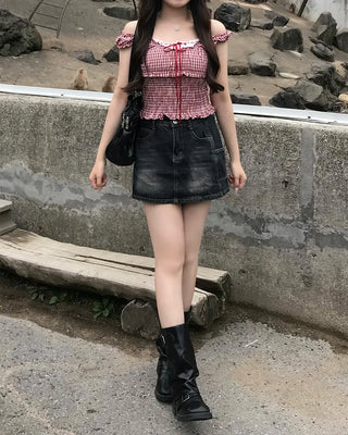 Checked ribbon top blouse