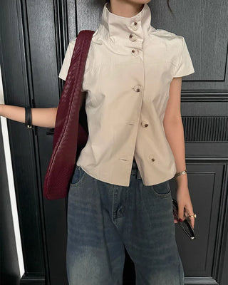 Cap-sleeve button-up high-neck blouse