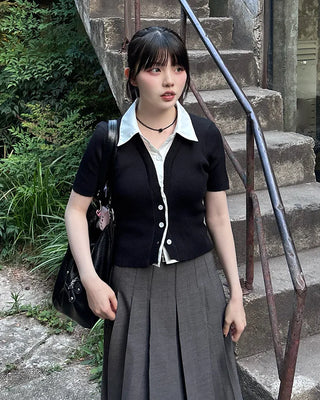 Shirt-layered short-sleeved cardigan