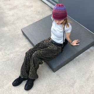 Unique leopard print wide-leg pants