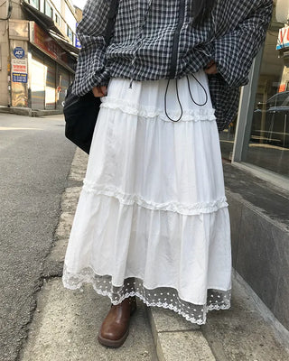 Lace hem frill line tiered maxi skirt