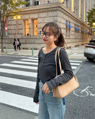 U-neck button-down slim-fit long-sleeve shirt