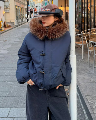 Button-up hooded fur padded jacket