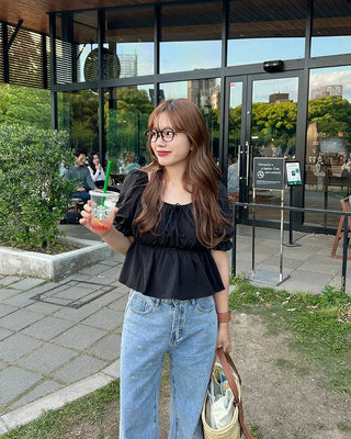 Ribbon Shirred Off-Shoulder Blouse