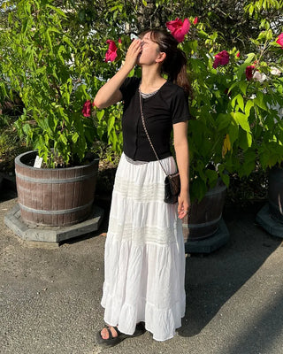 Shirred tiered long skirt