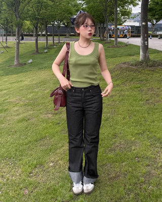 Low-rise striped flare denim pants