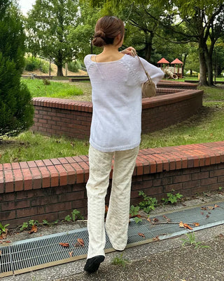 Elastic waistband wave jacquard knit pants