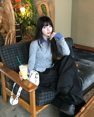 Checkered shirt layered gathered cardigan