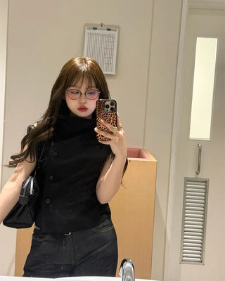 High-neck button-down sleeveless top
