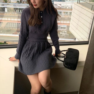 Button-collar knit and skirt set