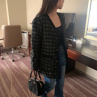 Houndstooth check V-neck jacket