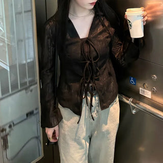 Lace sheer color cardigan