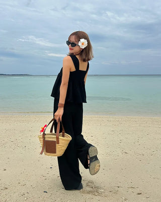 Sleeveless top with built-in cups and wide-leg pants set