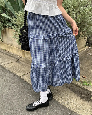 Checked tiered long skirt