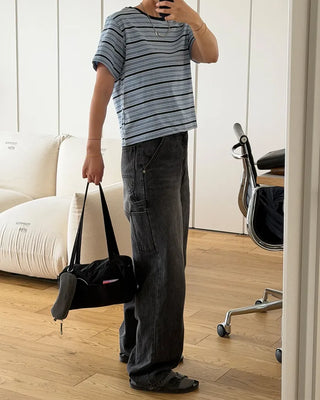 Semi-cropped border short-sleeved T-shirt