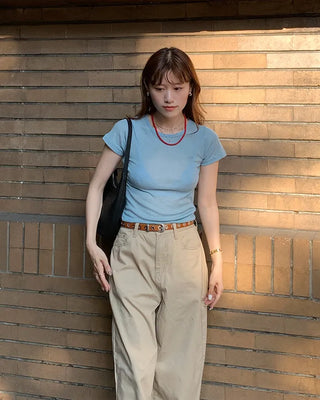 Slim round half-sleeve T-shirt