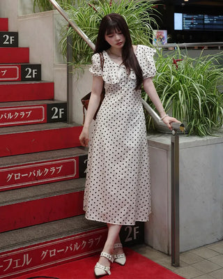 Polka Dot Puff Sleeve Long Dress