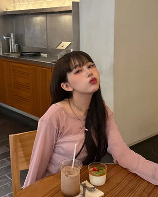 Ribbon sheer long-sleeve T-shirt