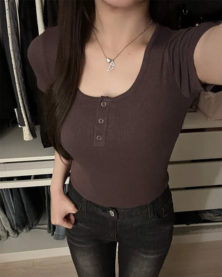Button-down U-neck short-sleeved T-shirt