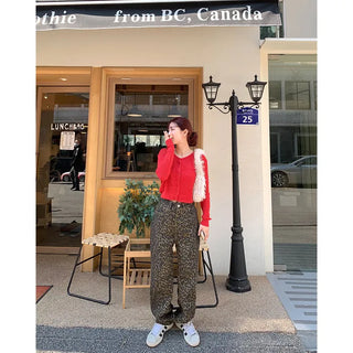 Leopard print denim pants