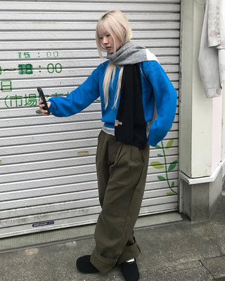 Elastic waistband, two-pleat wide-leg pants