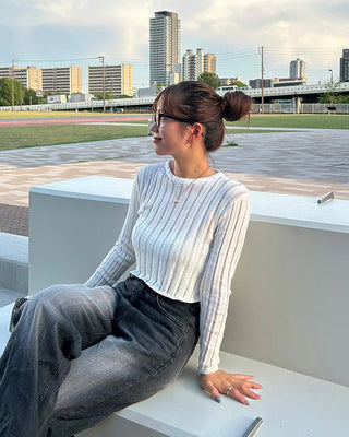 Ribbed Shirring See-Through T-Shirt