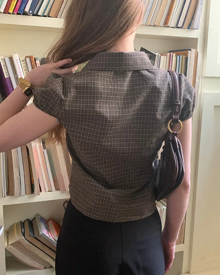 Checked cap-sleeve shirt blouse