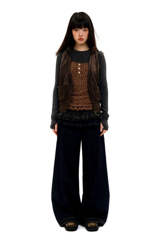 [Moromoro2] Distressed Pleated Skirt Hem Denim  Pants