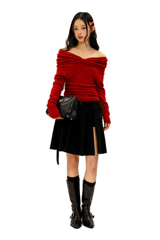 [Moromoro2] Bow Pleated Off-shoulder Knit  Sweater