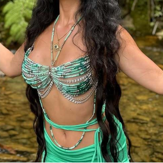 Metal chain beaded halter backless top