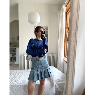 Belted denim pleated skirt