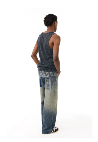 CONP Plaid Patchwork Washed Baggy Jeans