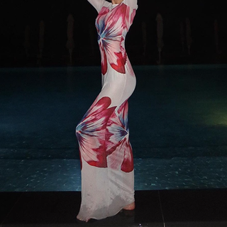 Long sleeve crewneck mesh flower print maxi dress