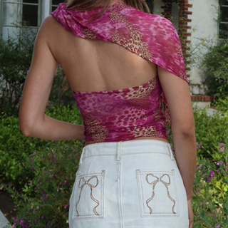 Leopard print halter backless contrast top