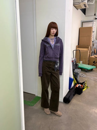 [NeverSeez] Cropped Raw Edge Hooded Zip-Up