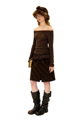 [Moromoro2] Off-Shoulder Ruffle Hem Long Sleeve  Top