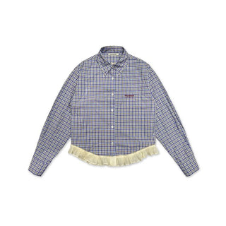 [Moromoro2] Layered Lace Hem Plaid Embroidered  Shirt