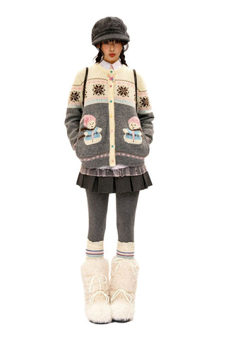 [Moromoro2] Snowman Fair Isle Knit Cardigan