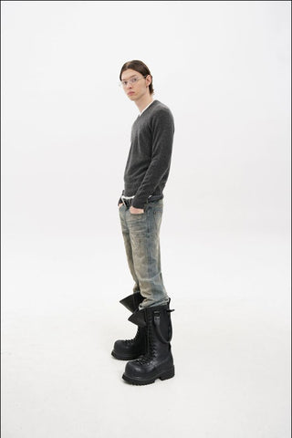 [MASONPRINCE] Wool Blend V-Neck Distressed Sweater