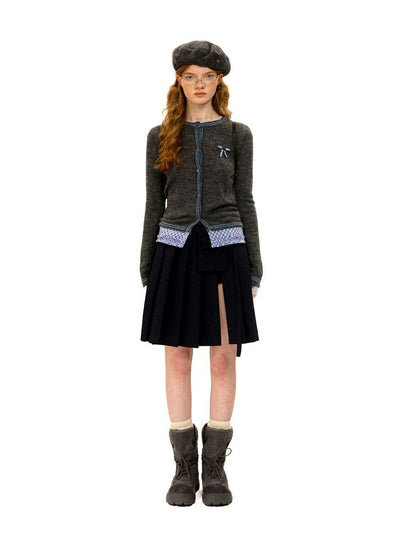 [Moromoro2] Layered Hem Plaid Bow Slim Fit  Cardigan