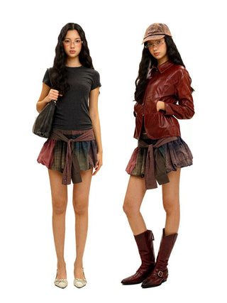 [Moromoro2] Patchwork Plaid Tie-Waist Bud  Skirt